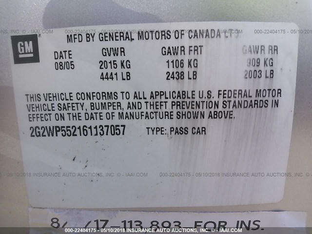 2G2WP552161137057 - 2006 PONTIAC GRAND PRIX ვერცხლისფერი ფოტო 9