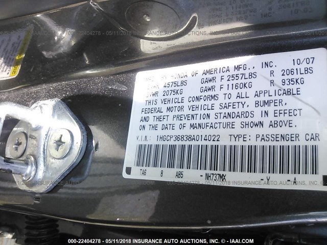 1HGCP36838A014022 - 2008 HONDA ACCORD EXL GRAY photo 9