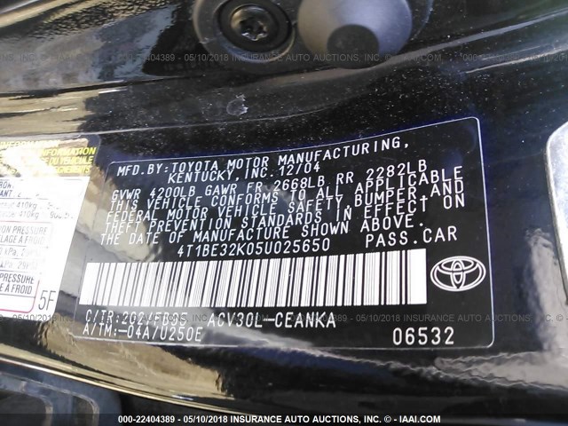 4T1BE32K05U025650 - 2005 TOYOTA CAMRY LE/XLE/SE BLACK photo 9