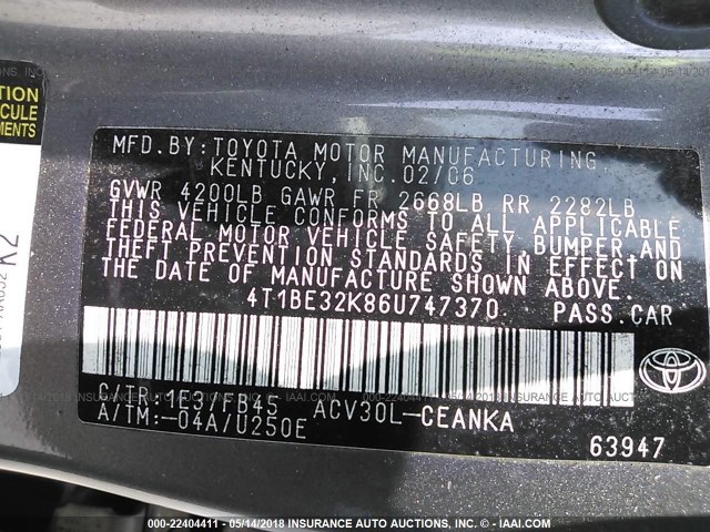 4T1BE32K86U747370 - 2006 TOYOTA CAMRY LE/XLE/SE ოქროსფერი ფოტო 9