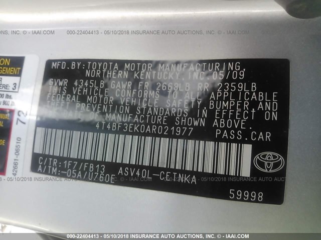 4T4BF3EK0AR021977 - 2010 TOYOTA CAMRY SE/LE/XLE Gümüş foto 9