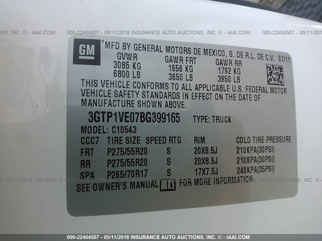 3GTP1VE07BG399165 - 2011 GMC SIERRA C1500 SLE WHITE photo 9