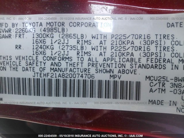 JTEHF21A820074706 - 2002 TOYOTA HIGHLANDER LIMITED RED photo 9