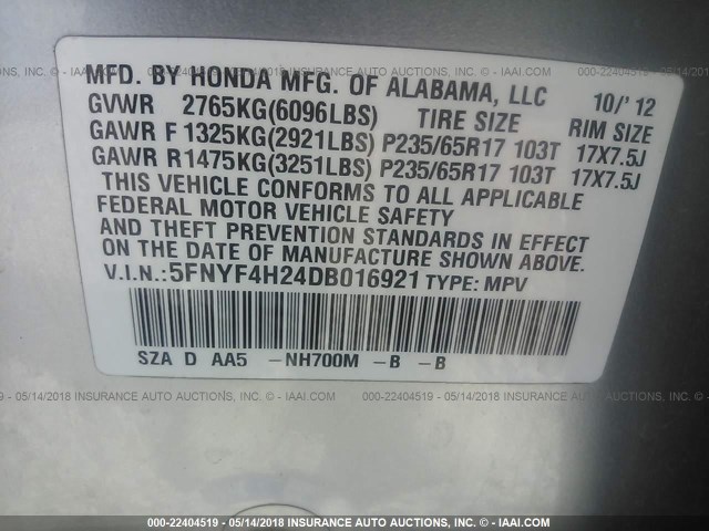 5FNYF4H24DB016921 - 2013 HONDA PILOT LX SILVER photo 9