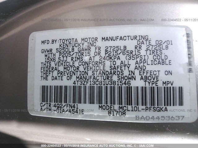 4T3ZF13C81U381546 - 2001 TOYOTA SIENNA LE/XLE BEIGE photo 9