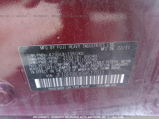 JF1GE6B6XBH517031 - 2011 SUBARU IMPREZA 2.5I PREMIUM MAROON photo 9