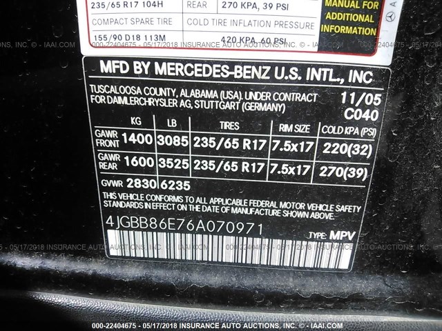 4JGBB86E76A070971 - 2006 MERCEDES-BENZ ML 350 BLACK photo 9