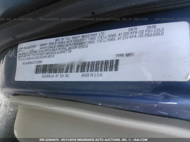 4S4BP62C377312244 - 2007 SUBARU LEGACY OUTBACK 2.5I LIMITED BLUE photo 9