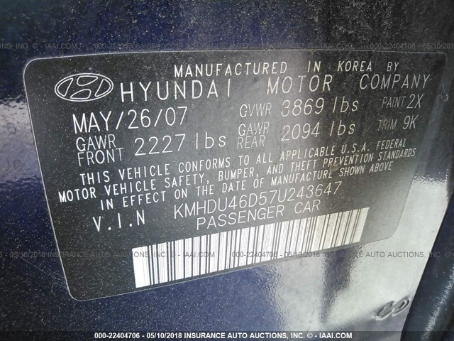 KMHDU46D57U243647 - 2007 HYUNDAI ELANTRA GLS/SE/LIMITED BLUE photo 9