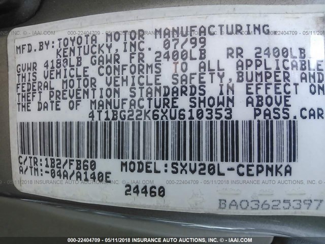 4T1BG22K6XU610353 - 1999 TOYOTA CAMRY CE/LE/XLE TAN photo 9