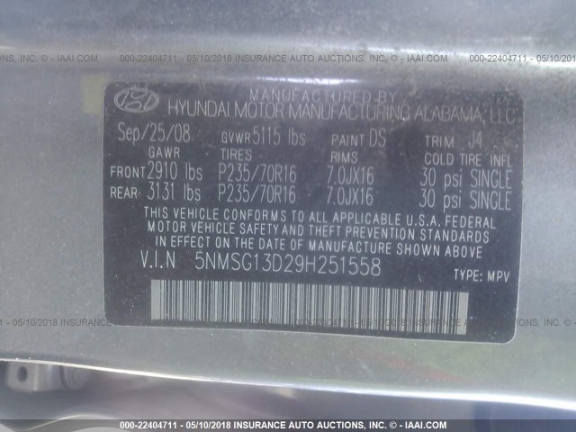 5NMSG13D29H251558 - 2009 HYUNDAI SANTA FE GLS GRAY photo 9