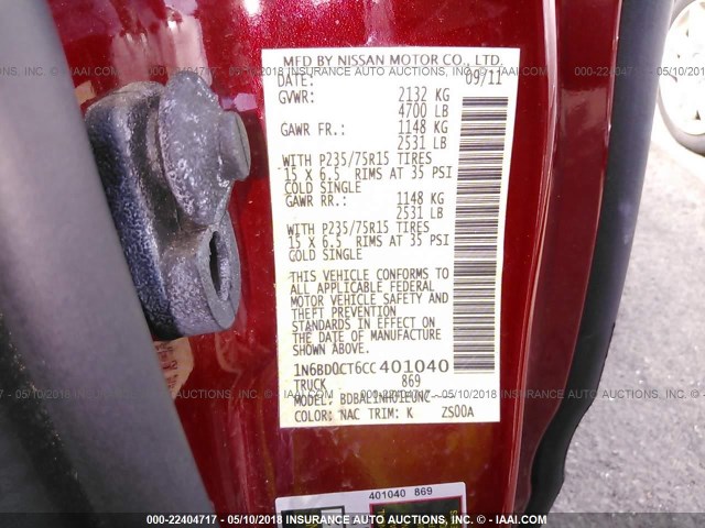 1N6BD0CT6CC401040 - 2012 NISSAN FRONTIER S/SV RED photo 9