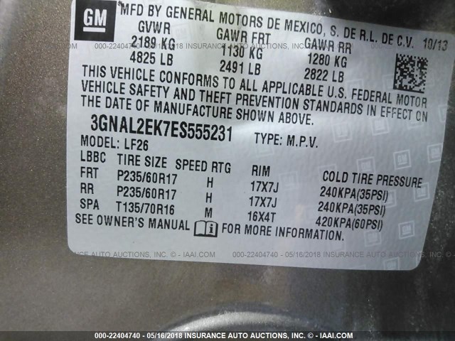 3GNAL2EK7ES555231 - 2014 CHEVROLET CAPTIVA LS 棕色 照片 9