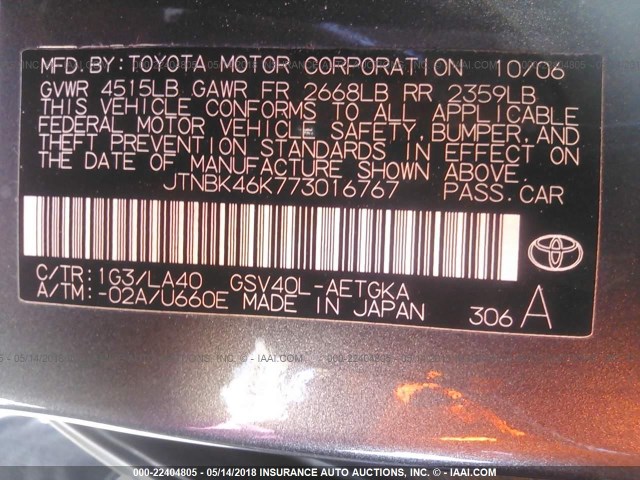 JTNBK46K773016767 - 2007 TOYOTA CAMRY NEW GENERAT LE/XLE/SE GRAY photo 9