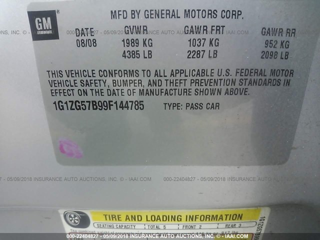 1G1ZG57B99F144785 - 2009 CHEVROLET MALIBU LS SILVER photo 9