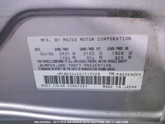 JM1BK344261519328 - 2006 MAZDA 3 HATCHBACK SILVER photo 9