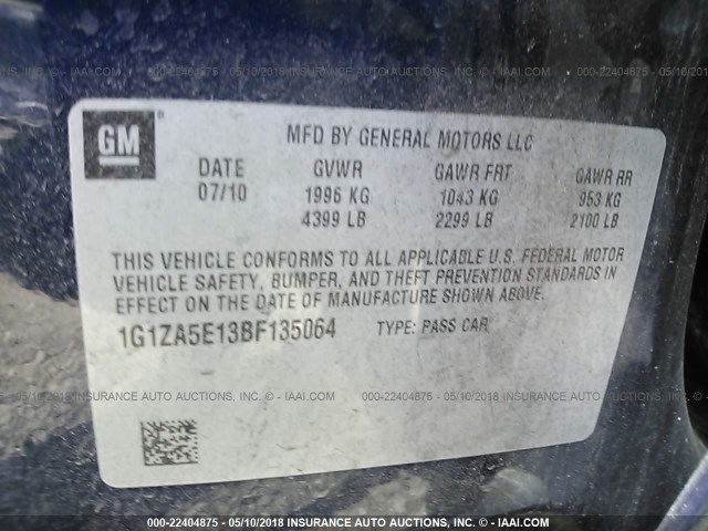 1G1ZA5E13BF135064 - 2011 CHEVROLET MALIBU LS 深蓝色 照片 9