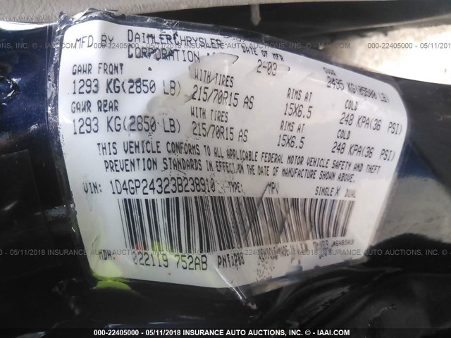 1D4GP24323B238910 - 2003 DODGE GRAND CARAVAN SE BLUE photo 9