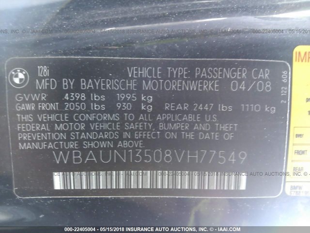 WBAUN13508VH77549 - 2008 BMW 128 I BLACK photo 9