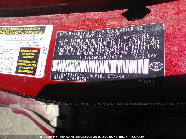 4T1BE46KX9U374319 - 2009 TOYOTA CAMRY SE/LE/XLE 红色 照片 9