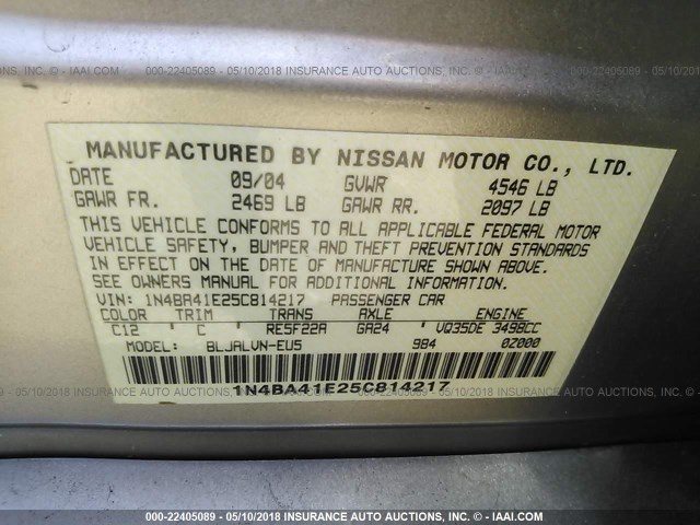 1N4BA41E25C814217 - 2005 NISSAN MAXIMA SE/SL GOLD photo 9