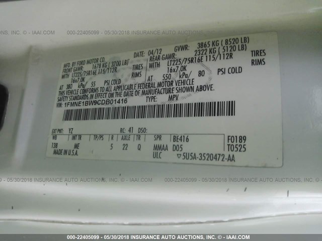 1FMNE1BW9CDB01416 - 2012 FORD ECONOLINE E150 WAGON WHITE photo 9