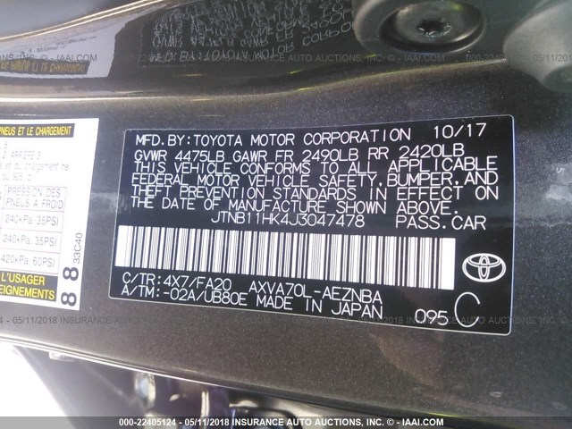 JTNB11HK4J3047478 - 2018 TOYOTA CAMRY L/LE/XLE/SE/XSE GRAY photo 9