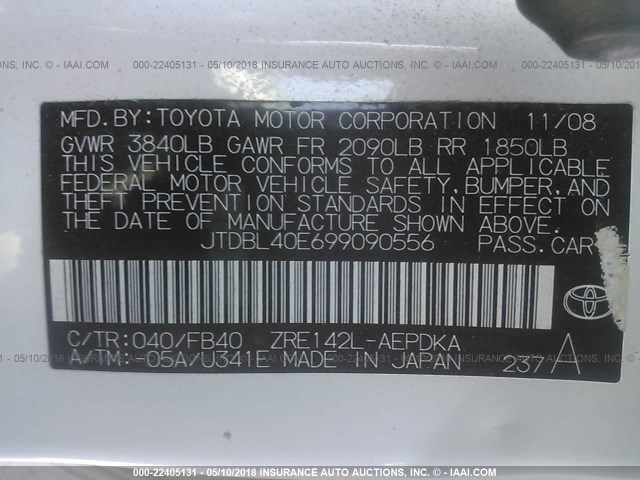 JTDBL40E699090556 - 2009 TOYOTA COROLLA LE/XLE WHITE photo 9