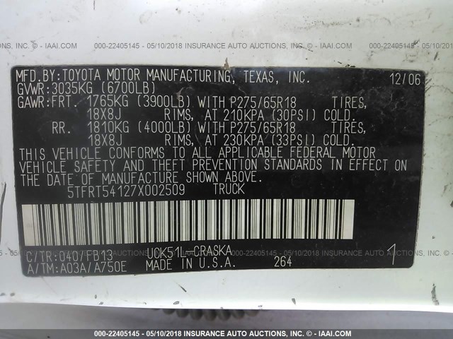 5TFRT54127X002509 - 2007 TOYOTA TUNDRA DOUBLE CAB SR5 WHITE photo 9