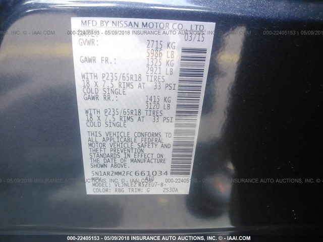 5N1AR2MM2FC661034 - 2015 NISSAN PATHFINDER S/SV/SL/PLATINUM 蓝色 照片 9