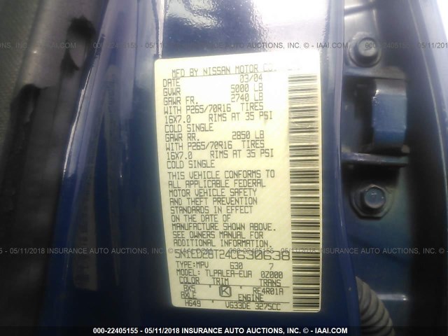 5N1ED28T24C630638 - 2004 NISSAN XTERRA XE/SE BLUE photo 9