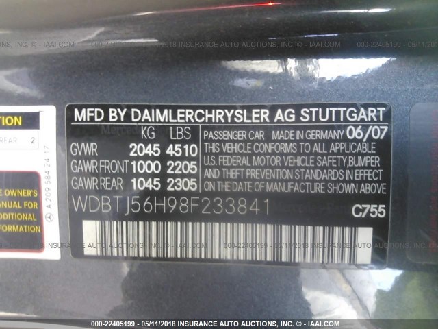 WDBTJ56H98F233841 - 2008 MERCEDES-BENZ CLK 350 GRAY photo 9