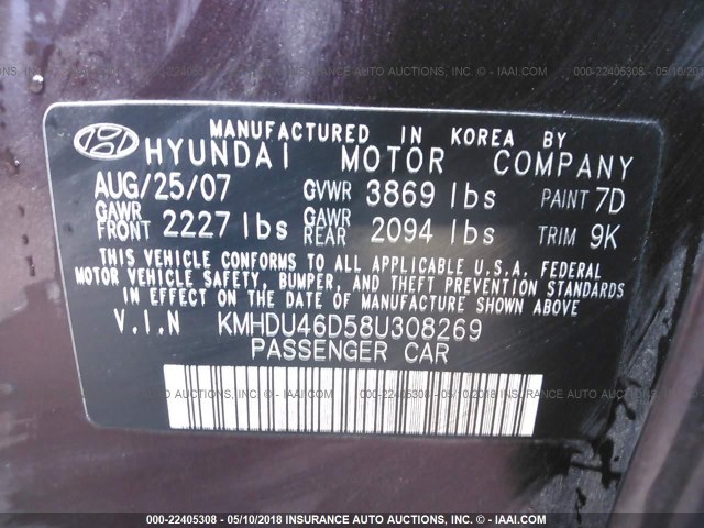 KMHDU46D58U308269 - 2008 HYUNDAI ELANTRA GLS/SE/LIMITED BURGUNDY photo 9