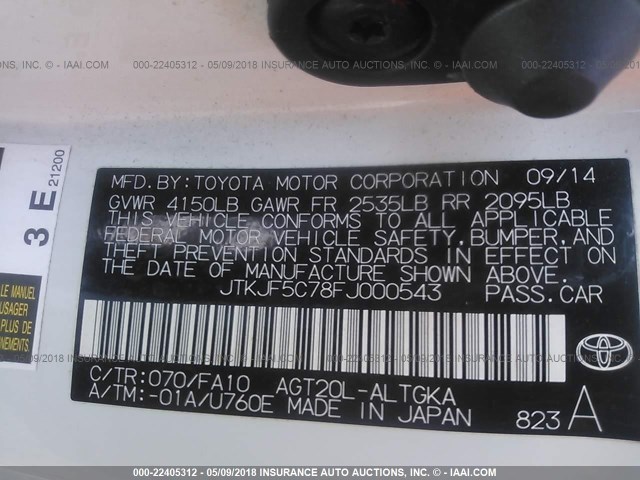 JTKJF5C78FJ000543 - 2015 TOYOTA SCION TC 白色 照片 9