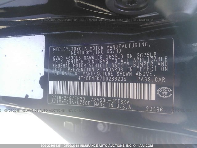 4T1BF1FK7DU268205 - 2013 TOYOTA CAMRY L/SE/LE/XLE Qara foto 9