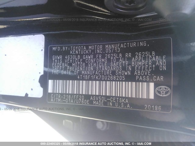 4T1BF1FK7DU268205 - 2013 TOYOTA CAMRY L/SE/LE/XLE BLACK photo 9