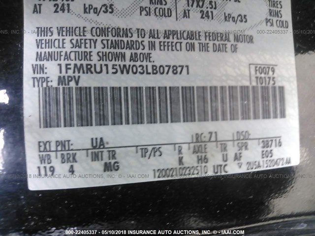 1FMRU15W03LB07871 - 2003 FORD EXPEDITION XLT შავი ფოტო 9