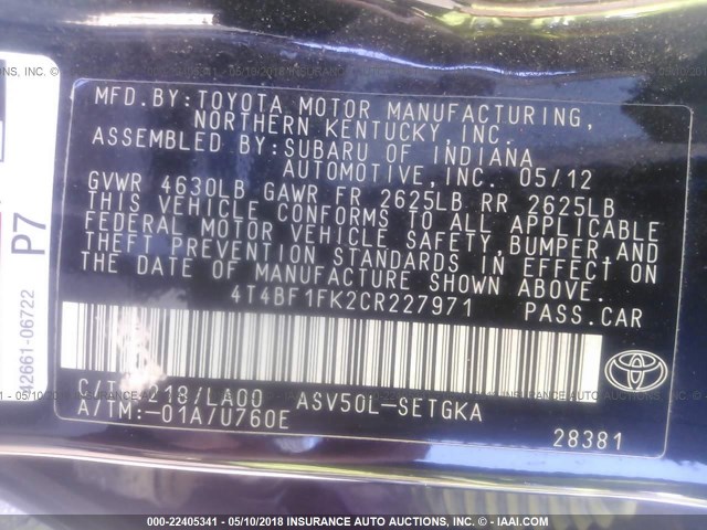 4T4BF1FK2CR227971 - 2012 TOYOTA CAMRY SE/LE/XLE 黑色 照片 9