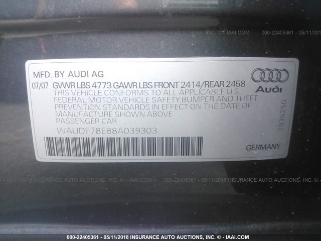 WAUDF78E88A039303 - 2008 AUDI A4 2.0T QUATTRO GRAY photo 9