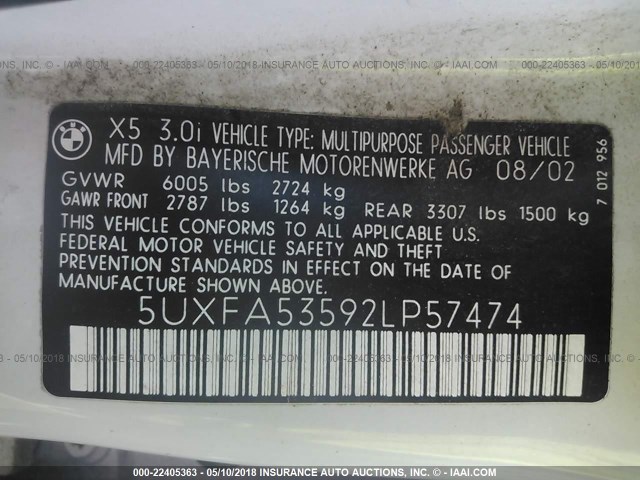 5UXFA53592LP57474 - 2002 BMW X5 3.0I WHITE photo 9