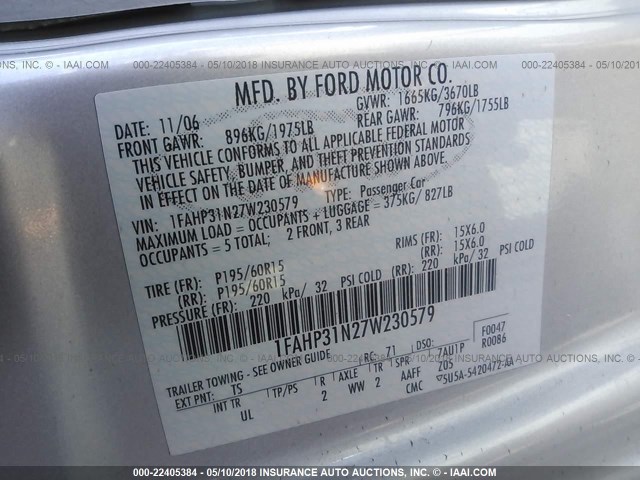 1FAHP31N27W230579 - 2007 FORD FOCUS ZX3/S/SE/SES SILVER photo 9