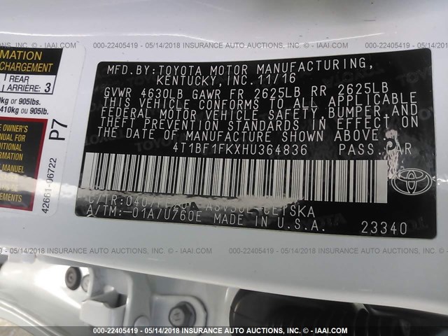 4T1BF1FKXHU364836 - 2017 TOYOTA CAMRY LE/XLE/SE/XSE WHITE photo 9