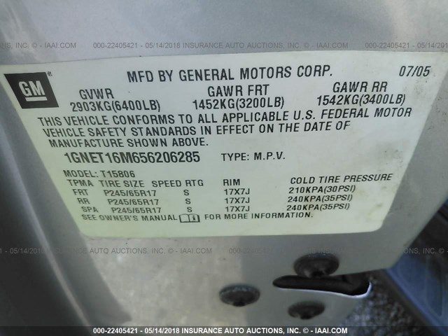 1GNET16M656206285 - 2005 CHEVROLET TRAILBLAZER EXT LS/EXT LT SILVER photo 9