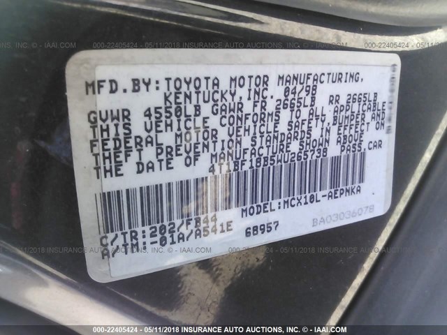 4T1BF18B5WU265738 - 1998 TOYOTA AVALON XL/XLS BLACK photo 9