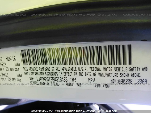 1J4PN2GK3BW513465 - 2011 JEEP LIBERTY SPORT 白色 照片 9