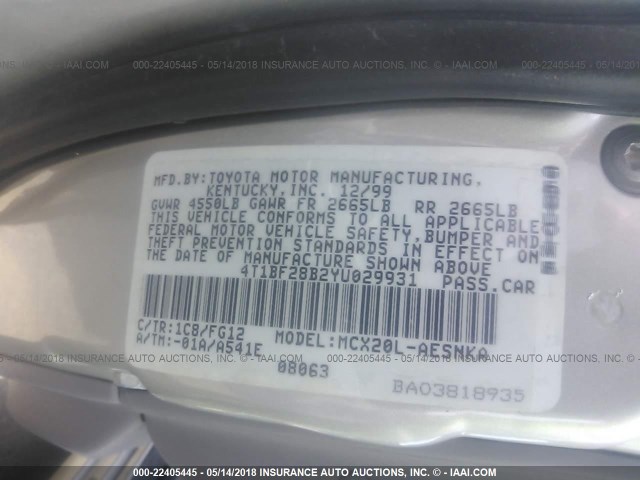 4T1BF28B2YU029931 - 2000 TOYOTA AVALON XL/XLS SILVER photo 9