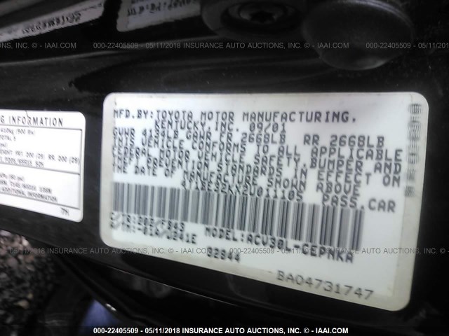 4T1BE32KX2U011105 - 2002 TOYOTA CAMRY LE/XLE/SE 黑色 照片 9