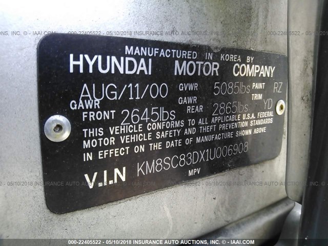 KM8SC83DX1U006908 - 2001 HYUNDAI SANTA FE GLS/LX SILVER photo 9