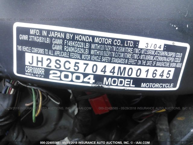 JH2SC57044M001645 - 2004 HONDA CBR1000 RR BLACK photo 10