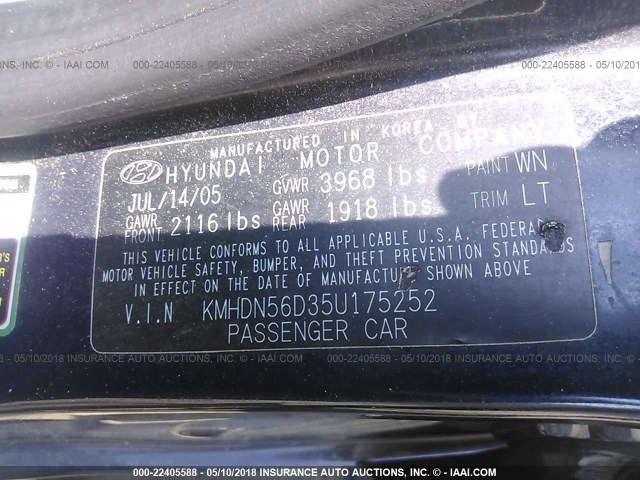 KMHDN56D35U175252 - 2005 HYUNDAI ELANTRA GLS/GT BLUE photo 9